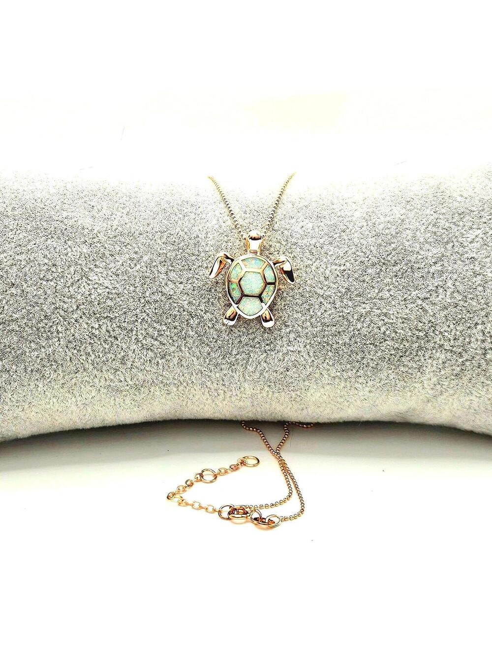 Rose Gold-Plated Opal Turtle Pendant - 925 Adjustable Necklace